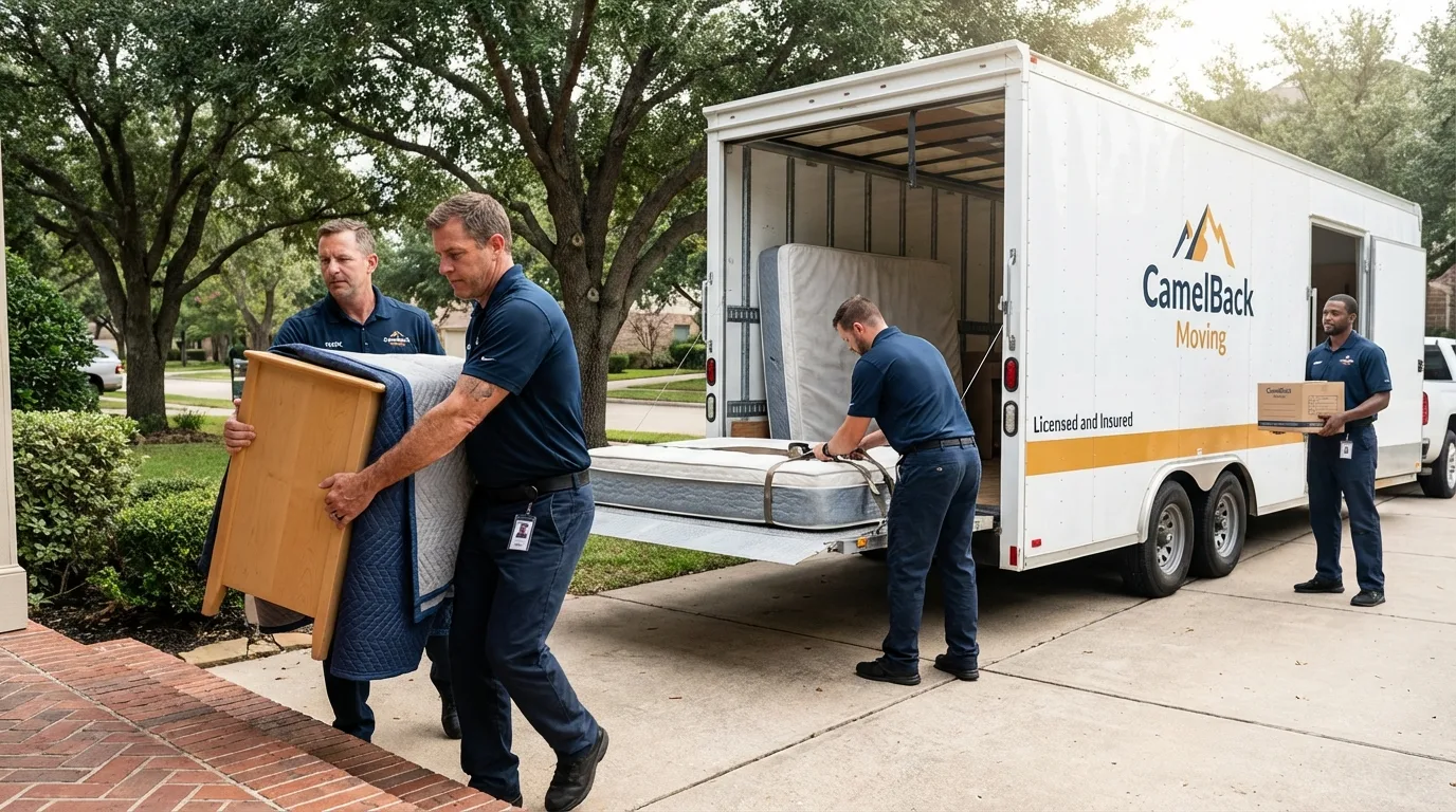 Crew loading residential truck for cross-state move from Mansfield, LA