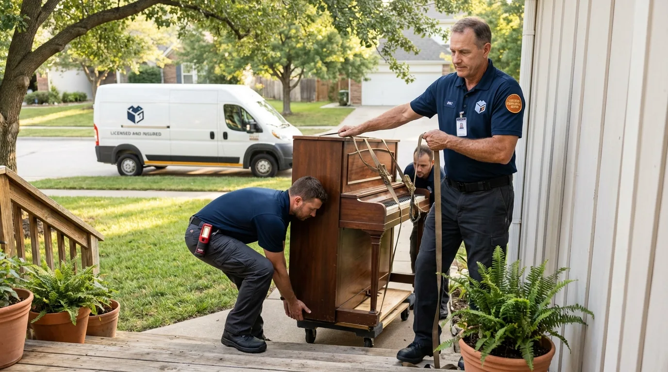 Licensed piano movers securing grand piano in Mansfield, LA