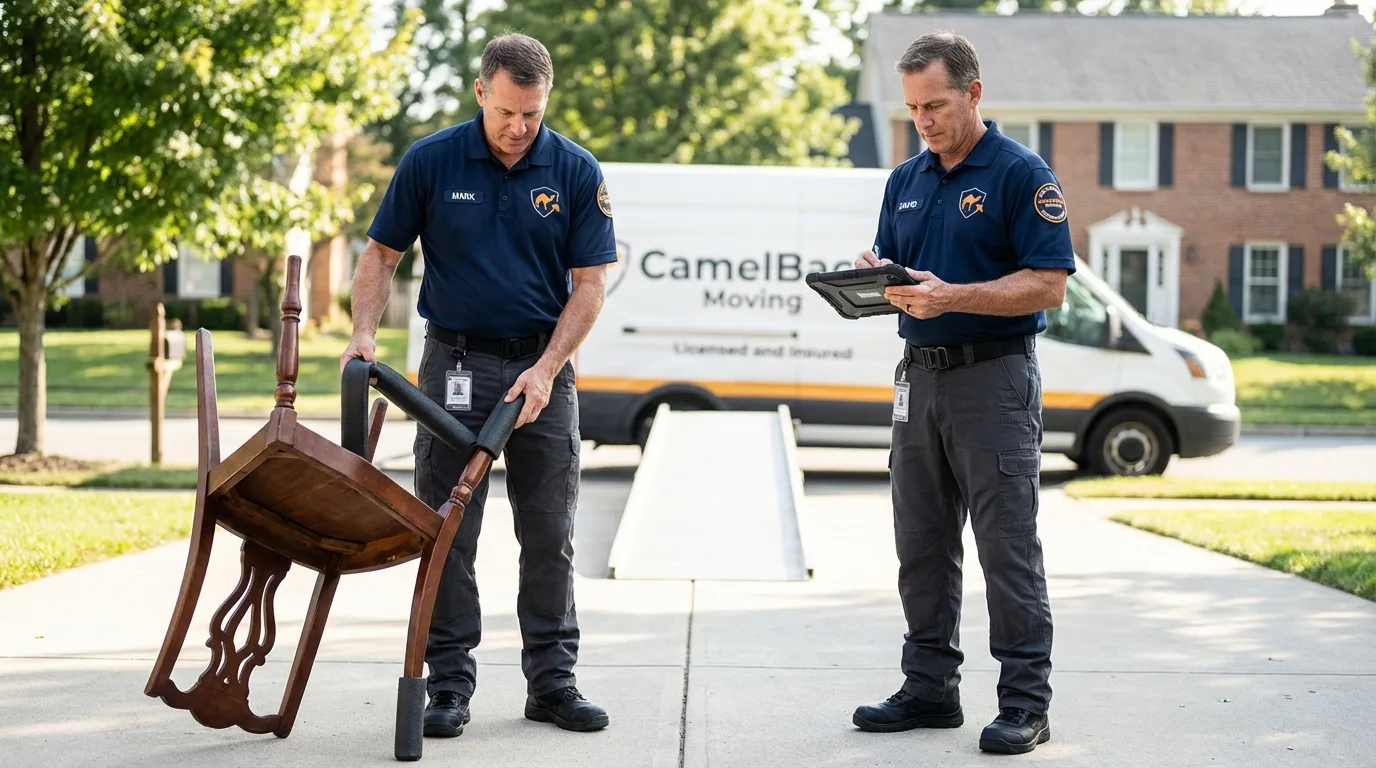 Movers inspecting furniture for damage prevention before loading in Mansfield, LA
