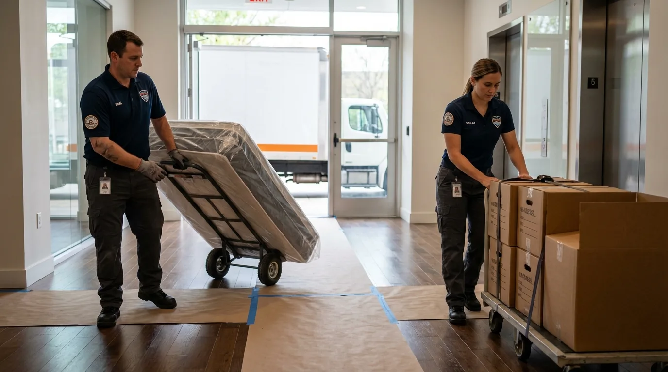 Professional apartment movers loading elevator in Mansfield, LA
