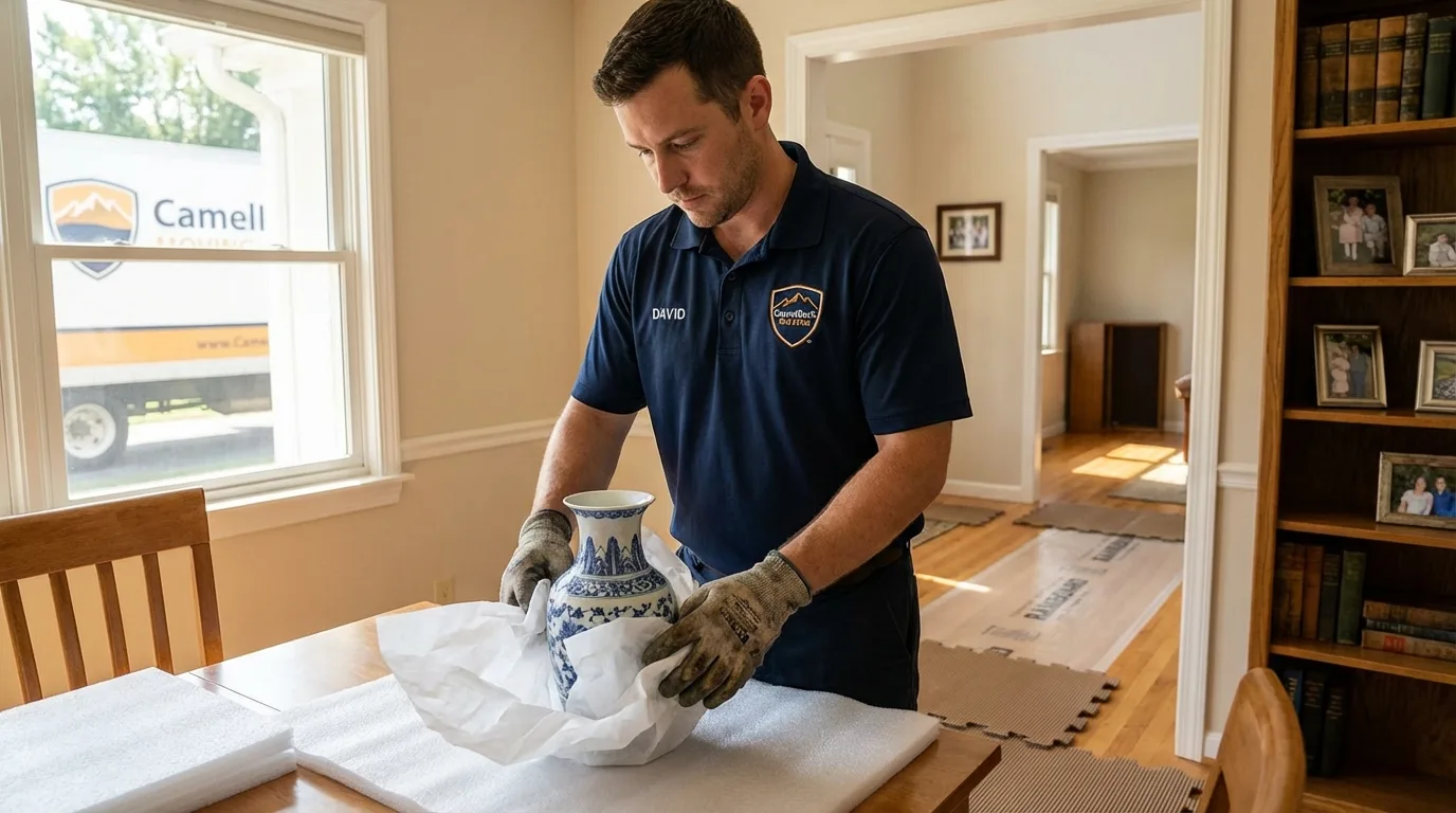 Professional crew carefully wrapping antique vase for senior downsizing move in Mansfield, LA
